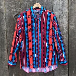 VTG 90s Wrangler Southwestern Cowboy Concho Print Geometric Stripe Shirt 16 1/2